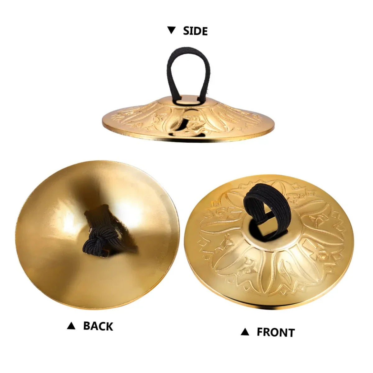 Golden brass 4pcs mini copper finger cymbals with floral engravings and black loops for belly dance hand cymbals performances