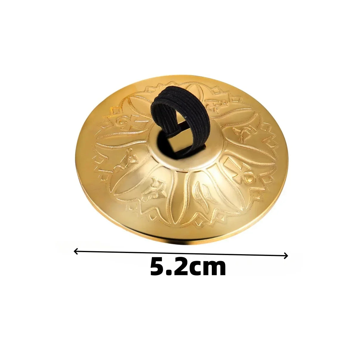 Golden copper finger cymbals belly dance hand cymbals with intricate floral embossing and black elastic band looped through center
