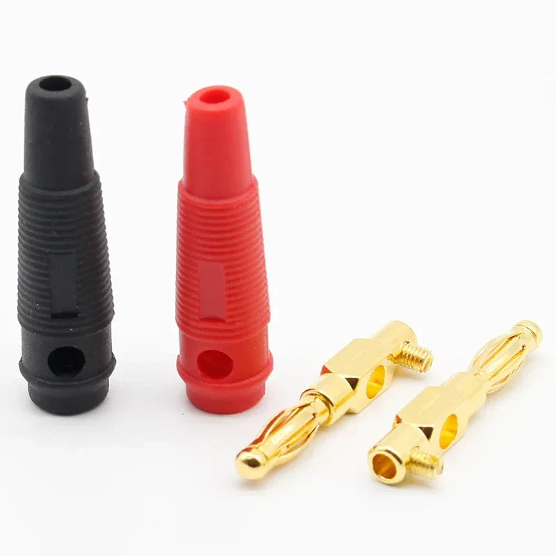 Black and red insulated 4mm banana plug connectors with pure copper gold plated tips for musical speaker cables