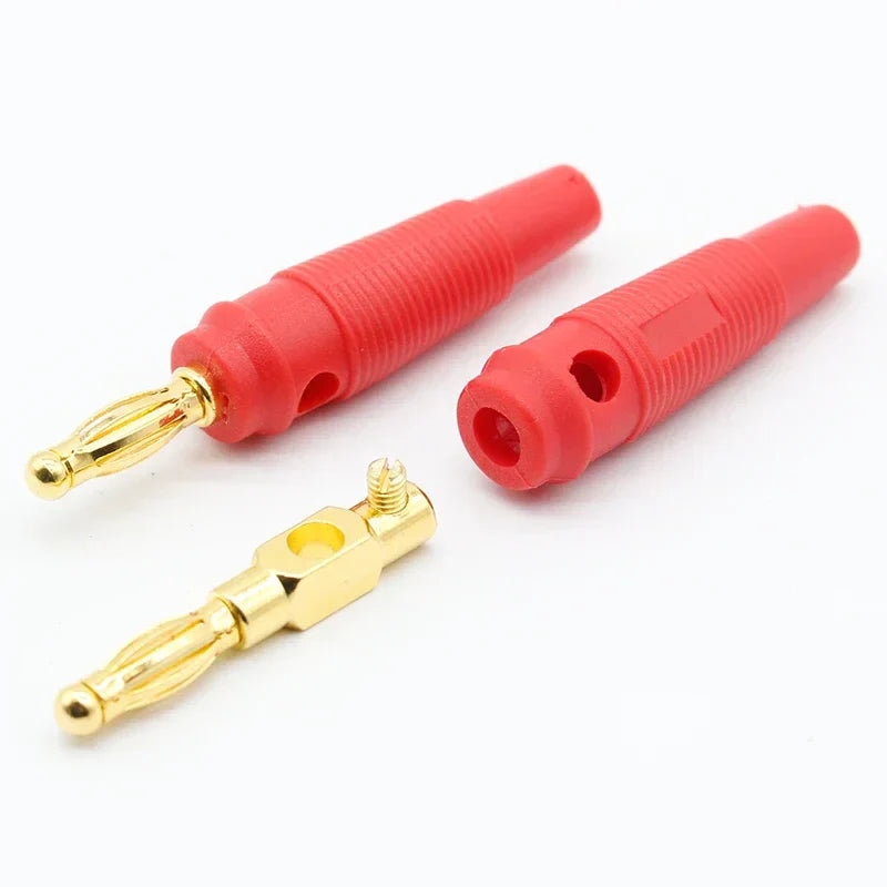 Red banana plug connectors with pure copper gold plated tips and threaded inserts for musical speaker cables