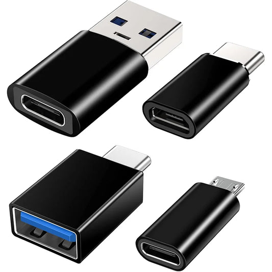 Set of four black usb c adapters with blue accents and metallic contacts for macbook pro and samsung galaxy laptops