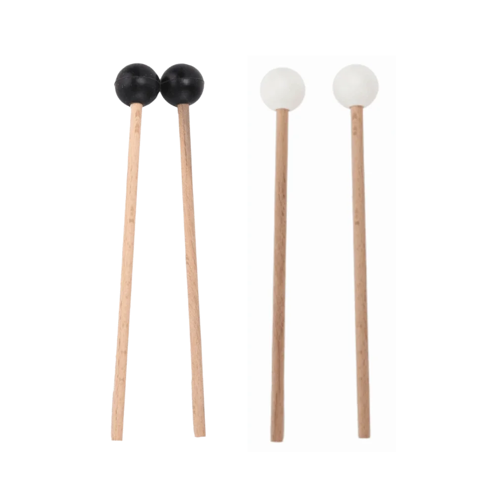 A pair of wood handle wooden drumsticks with black and white silicone rubber heads for steel tongue drums