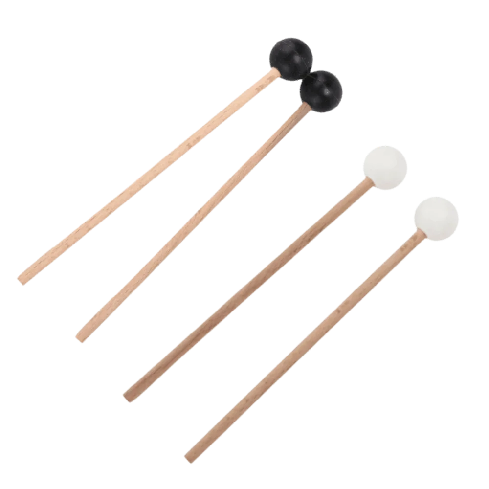 Set of four wood handle wooden drumsticks with black and white rubber and silicone heads for steel tongue drum