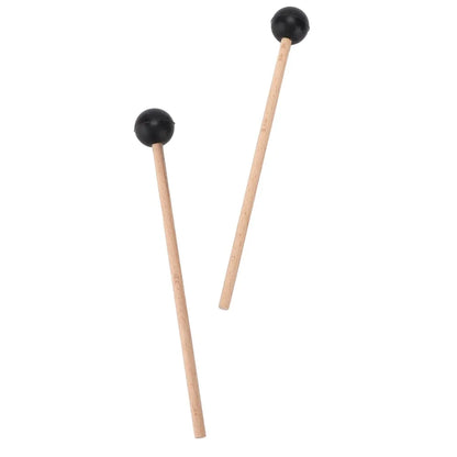 Two black-tipped wooden drumsticks with wood handle and smooth rounded heads for steel tongue drum play