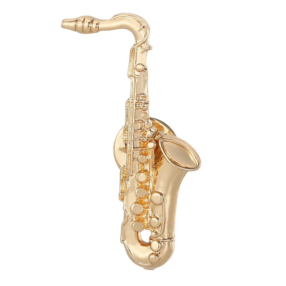 Gold-colored saxophone-shaped pin with detailed keys and polished metallic finish from 4styles classic trumpet flute violin golden pins musical collection