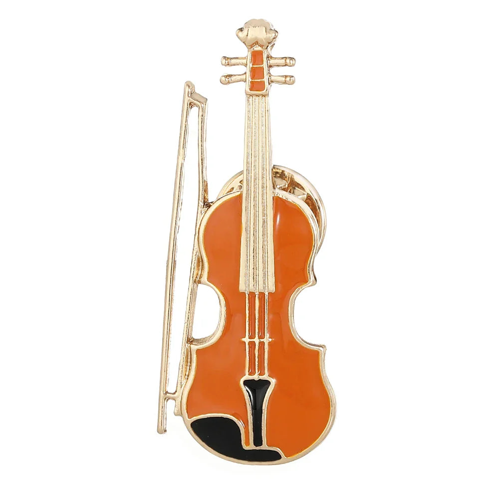 4styles classic trumpet violin brooch with orange black enamel and gold-tone metal golden pins musical design badge