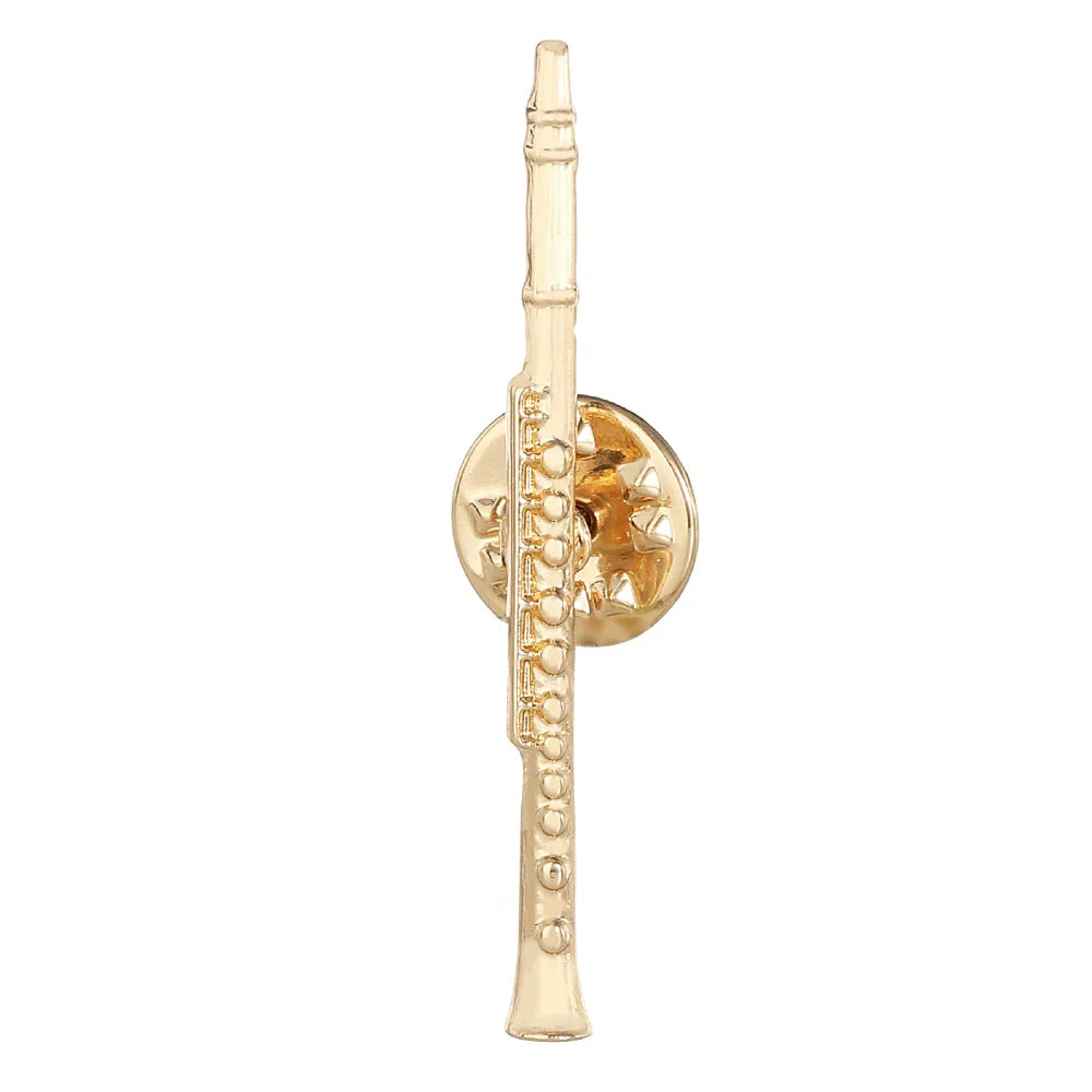 Gold-colored flute-shaped pin with detailed keywork and circular backplate from 4styles classic trumpet flute violin golden pins musical collection