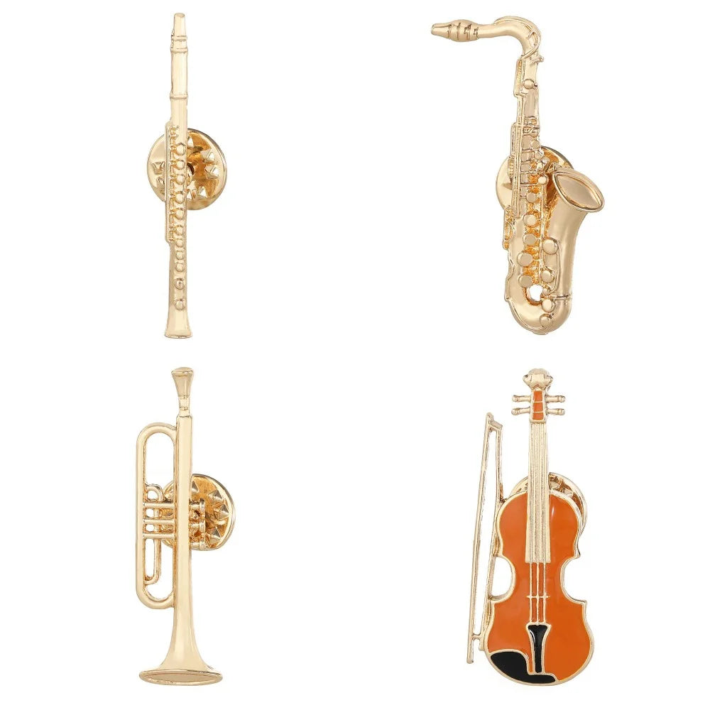 Gold-colored enamel pin set with 4styles classic trumpet flute violin sax shaped golden pins musical instrument brooches