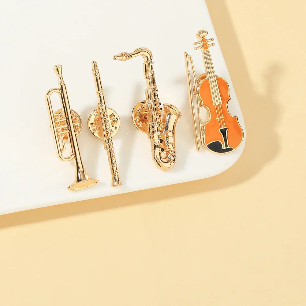 Gold and orange enamel 4styles classic trumpet flute violin golden pins musical instrument brooch set