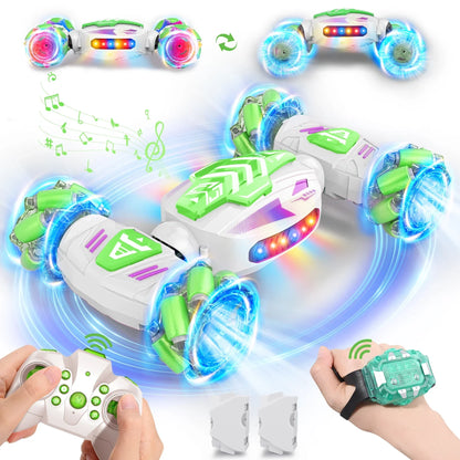 Green and white 4wd remote control rc stunt car with gesture sensing hand control rotating transform and led lights