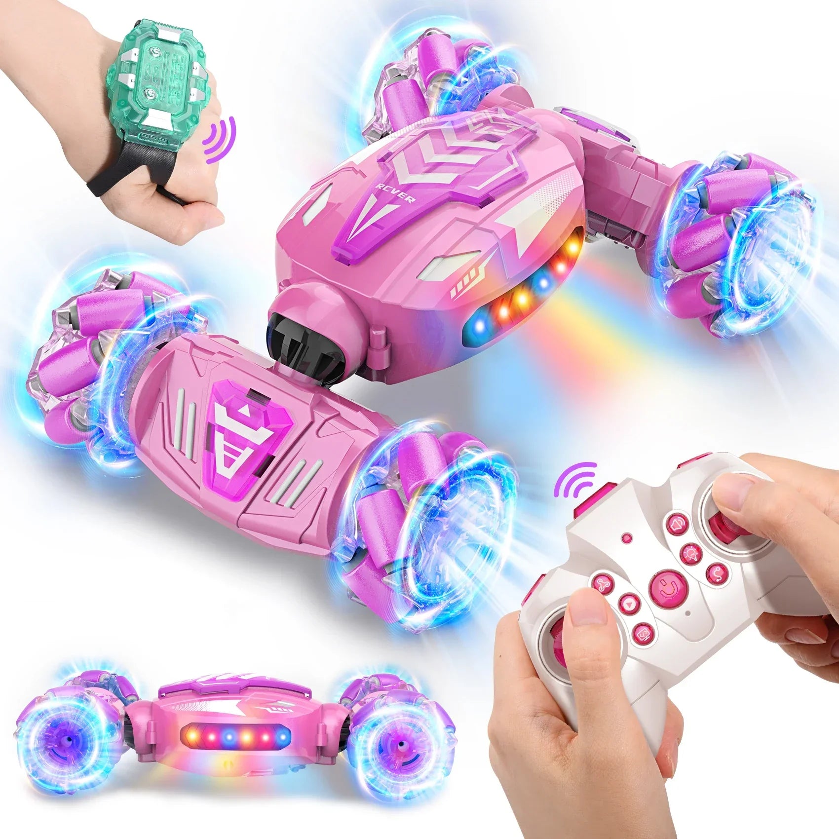 Pink and purple 4WD remote control rc stunt car with gesture sensing hand control rotating transform and glowing blue wheels