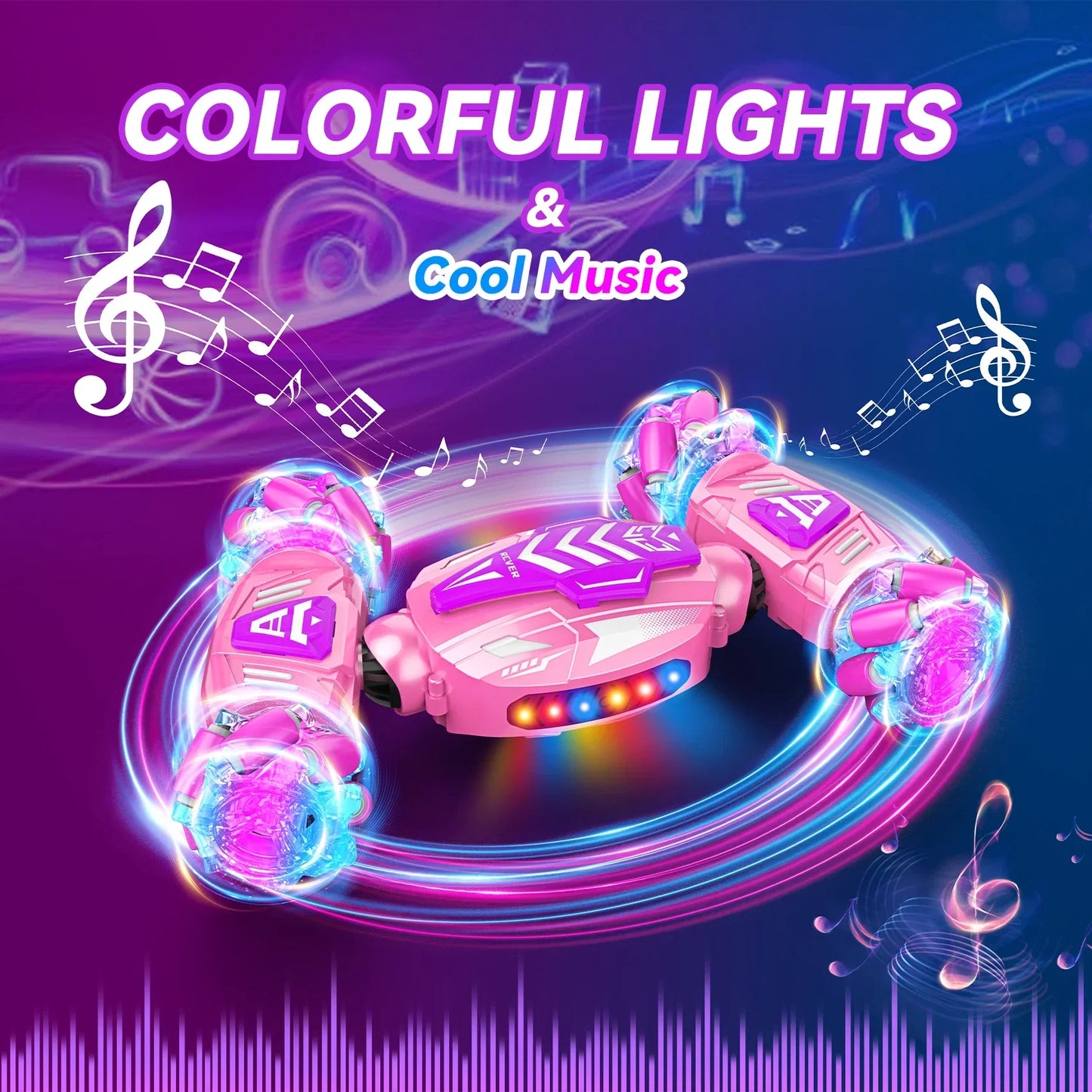 Pink and purple futuristic 4wd rotating transform rc stunt car with gesture sensing hand control lights and music effects