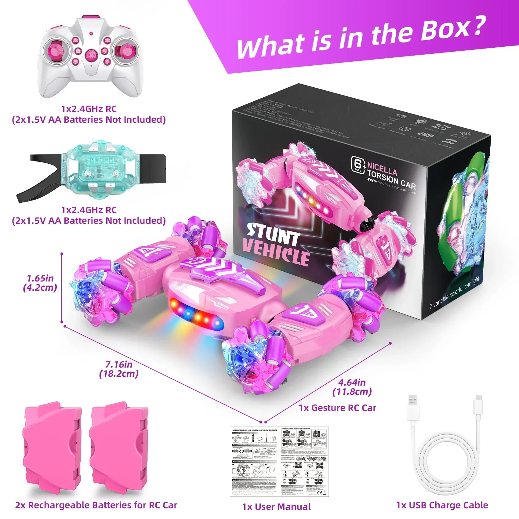 Pink and purple 4wd 2.4ghz rotating transform rc stunt car with gesture sensing hand control and glowing led lights