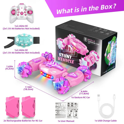 Pink and purple 4wd 2.4ghz rotating transform rc stunt car with gesture sensing hand control and glowing led lights