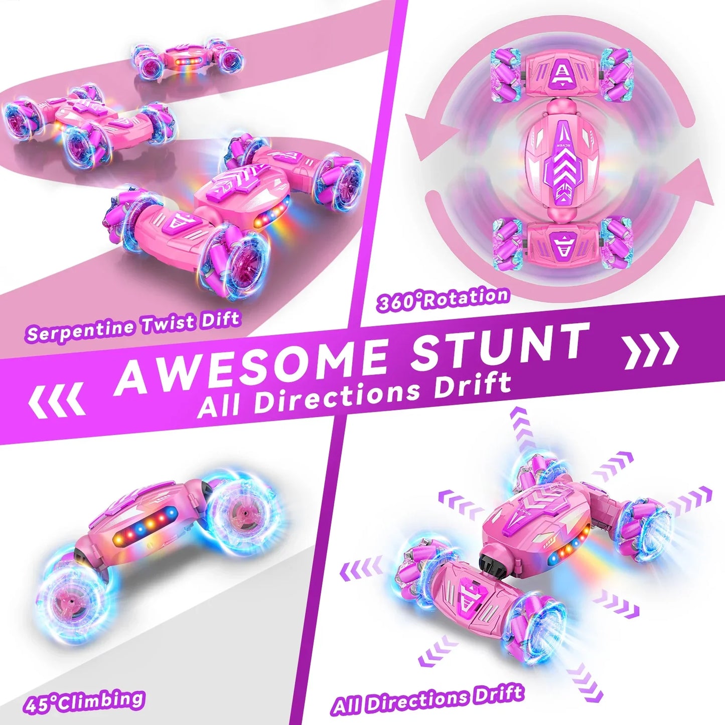Pink 4wd remote control rc stunt car with glowing blue wheels featuring gesture sensing hand control and rotating transform
