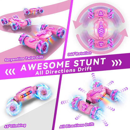 Pink 4wd remote control rc stunt car with glowing blue wheels featuring gesture sensing hand control and rotating transform