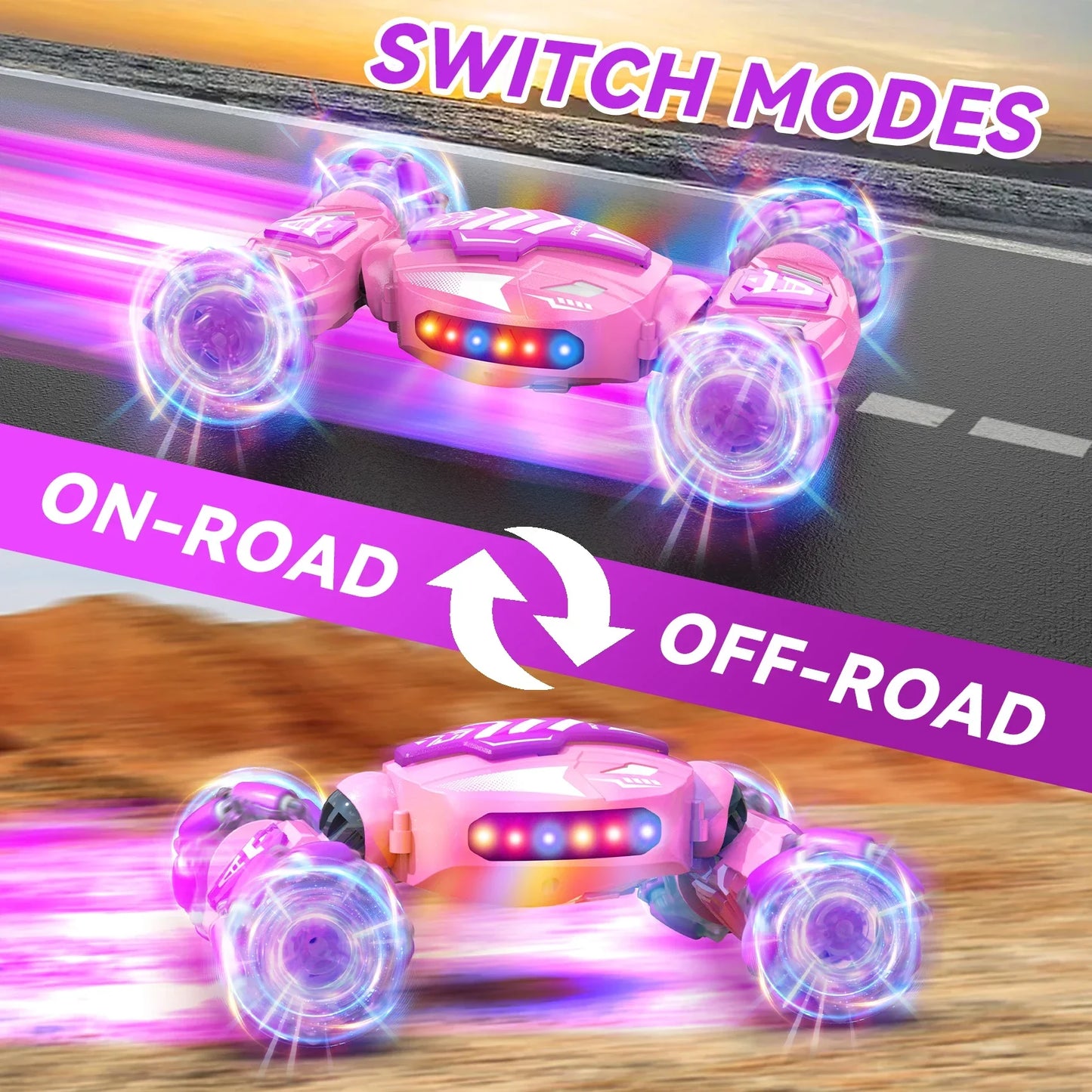 Pink 4wd remote control rc stunt car with gesture sensing hand control rotating transform and glowing led wheels