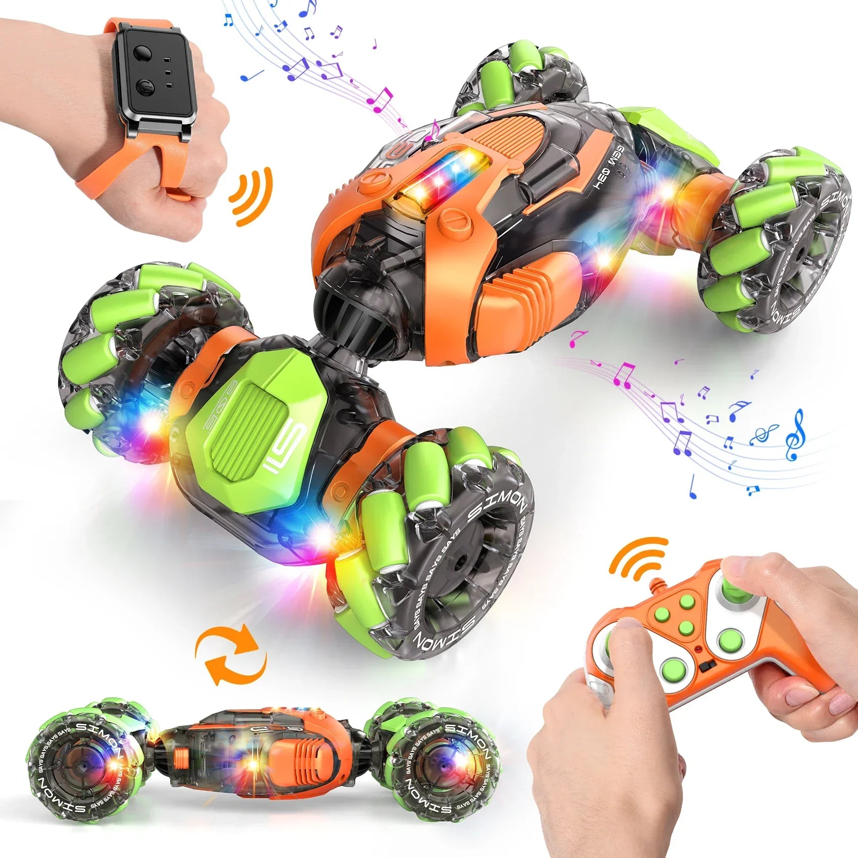 Orange and green 4wd hand controlled stunt car with gesture sensing 360 rotation and glowing led lights for kids