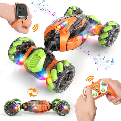 Orange and green 4wd hand controlled stunt car with gesture sensing 360 rotation and glowing led lights for kids