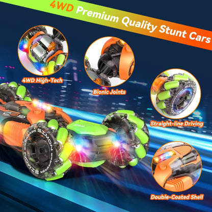 Orange and green 4wd hand controlled stunt car with bionic joints, led lights, double-coated shell, and gesture sensing 360°rotation