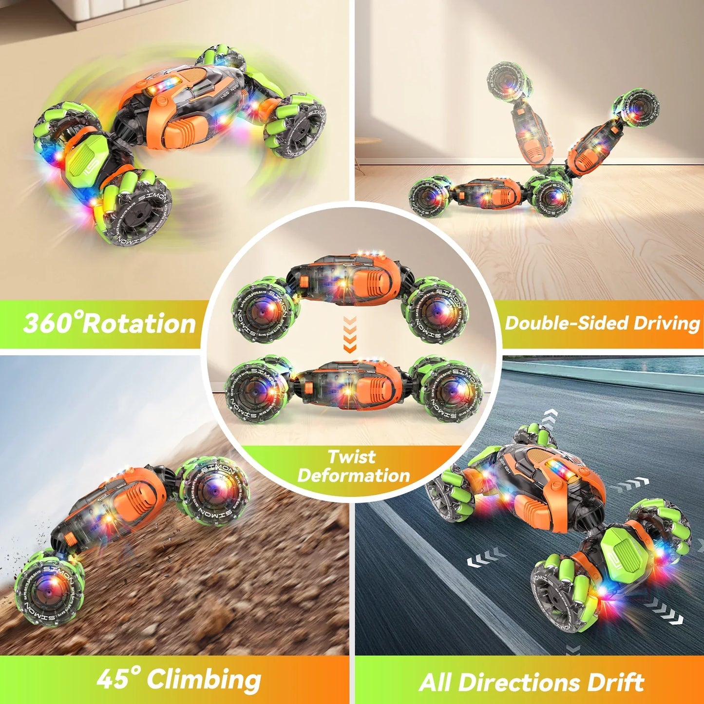Orange and green 4wd hand controlled stunt car gesture sensing 360°rotation with glowing wheel lights for kids age 6 to 12