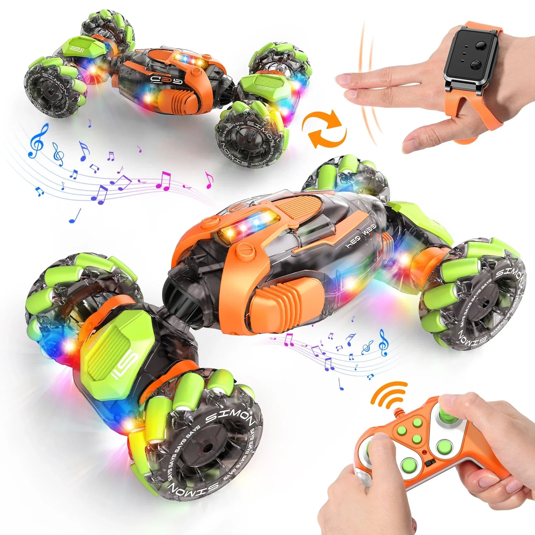 Orange and green 4wd hand controlled stunt car with gesture sensing 360°rotation and glowing led lights