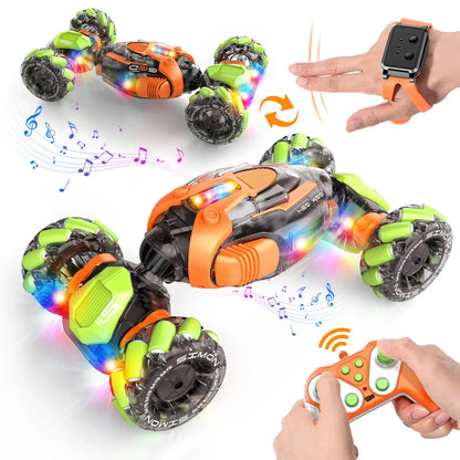 Orange and green 4wd hand controlled stunt car with gesture sensing 360°rotation and glowing led lights