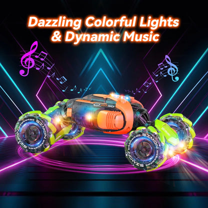 Vibrant orange and neon green simon 4wd hand controlled stunt car with gesture sensing 360°rotation and glowing wheels