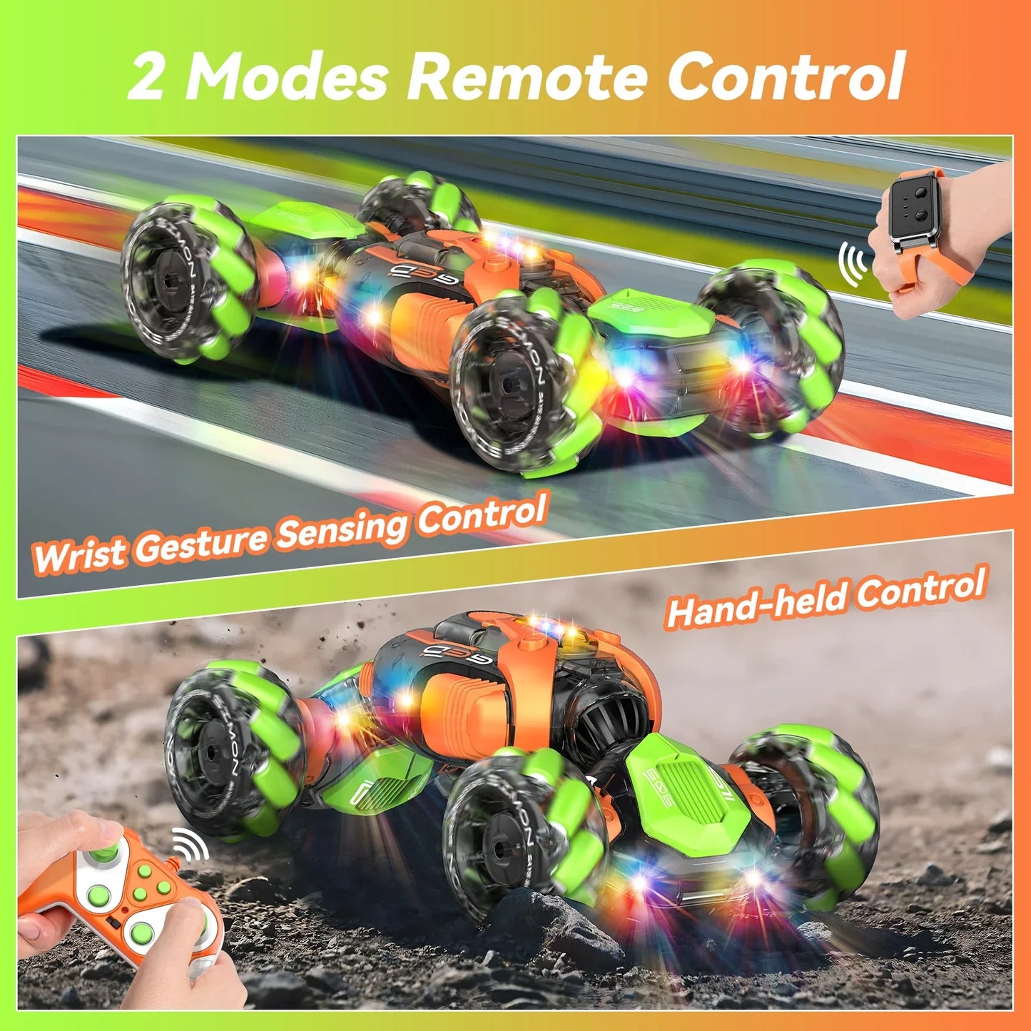Vibrant green and orange 4wd hand controlled stunt car with gesture sensing 360°rotation and glowing led lights