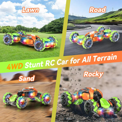 Vibrant orange and lime green 4wd hand controlled stunt car with gesture sensing 360°rotation and glowing LED wheels