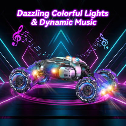 Futuristic black and silver 4wd rc car with glowing purple and blue lights featuring music gesture sensing and high speed drift