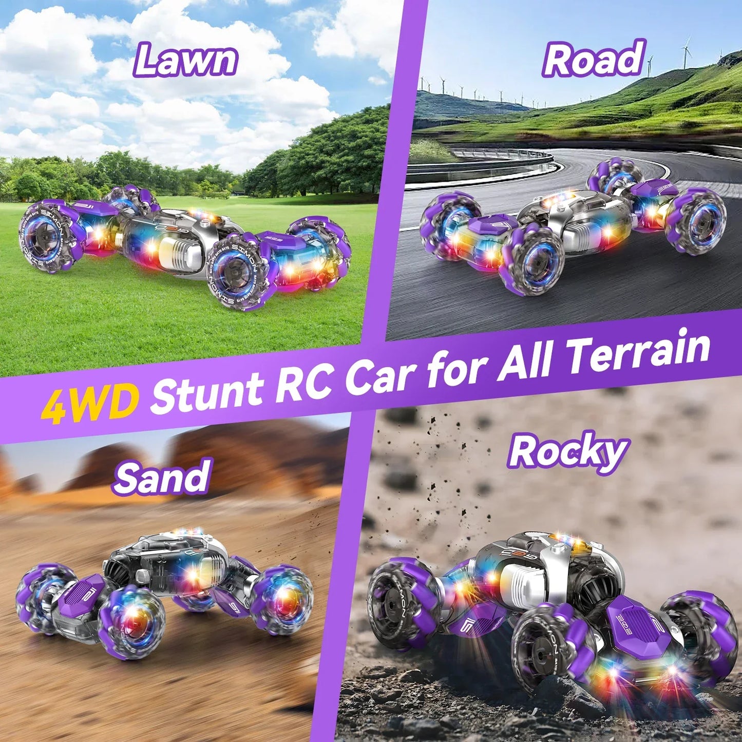 Purple and silver 4wd rc car with glowing led wheels featuring music gesture sensing and high speed drift stunt capability