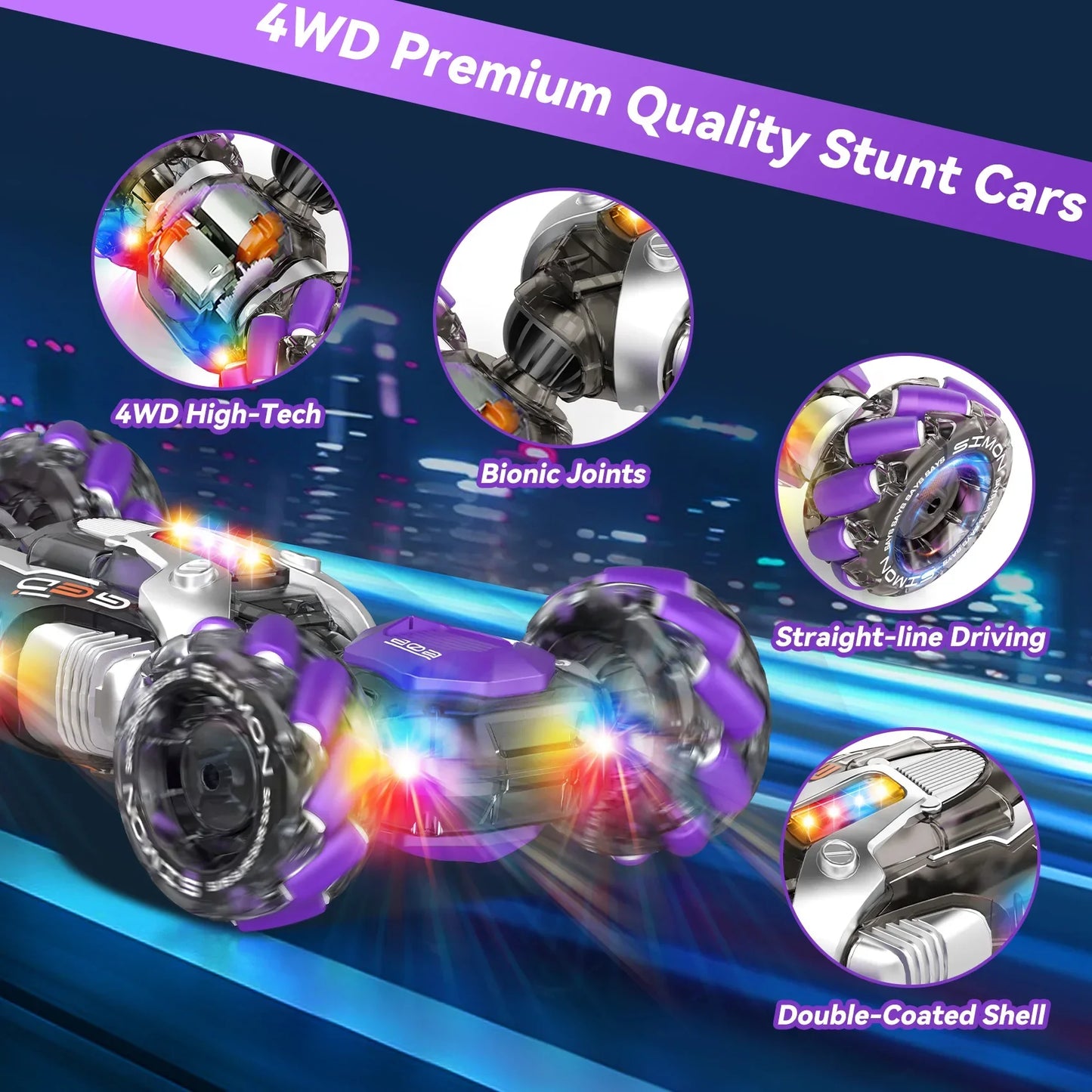 Purple and silver 4wd rc car with glowing lights bionic joints high speed drift and music gesture sensing features