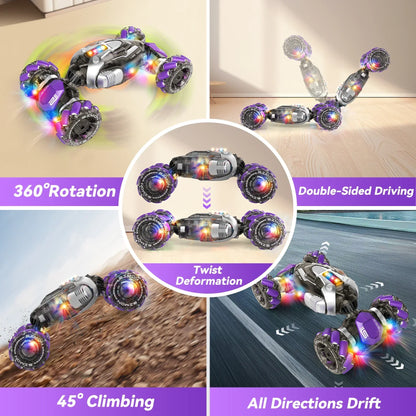 Purple and silver 4wd rc car with glowing led wheels features music gesture sensing and high speed drift stunt capabilities