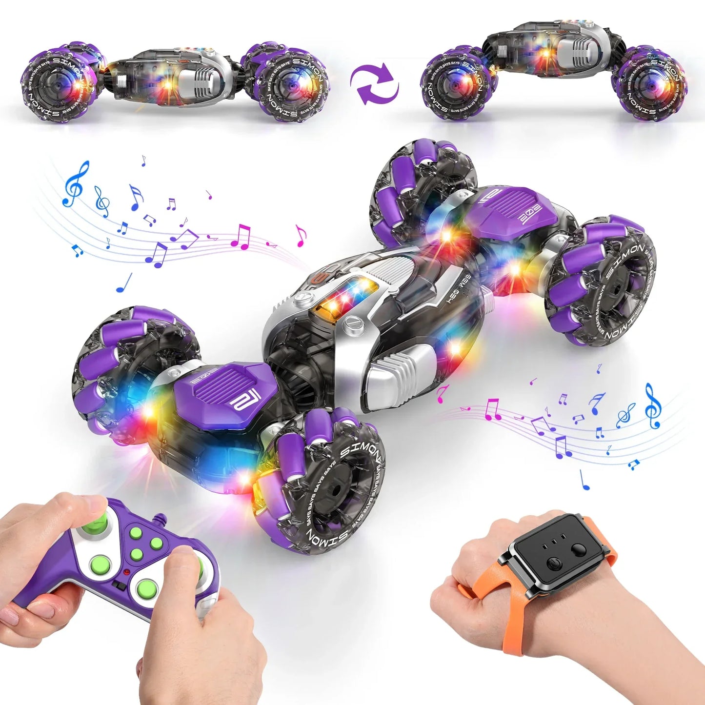 Purple and silver 4wd rc car with glowing led wheels featuring music gesture sensing and high speed drift capability