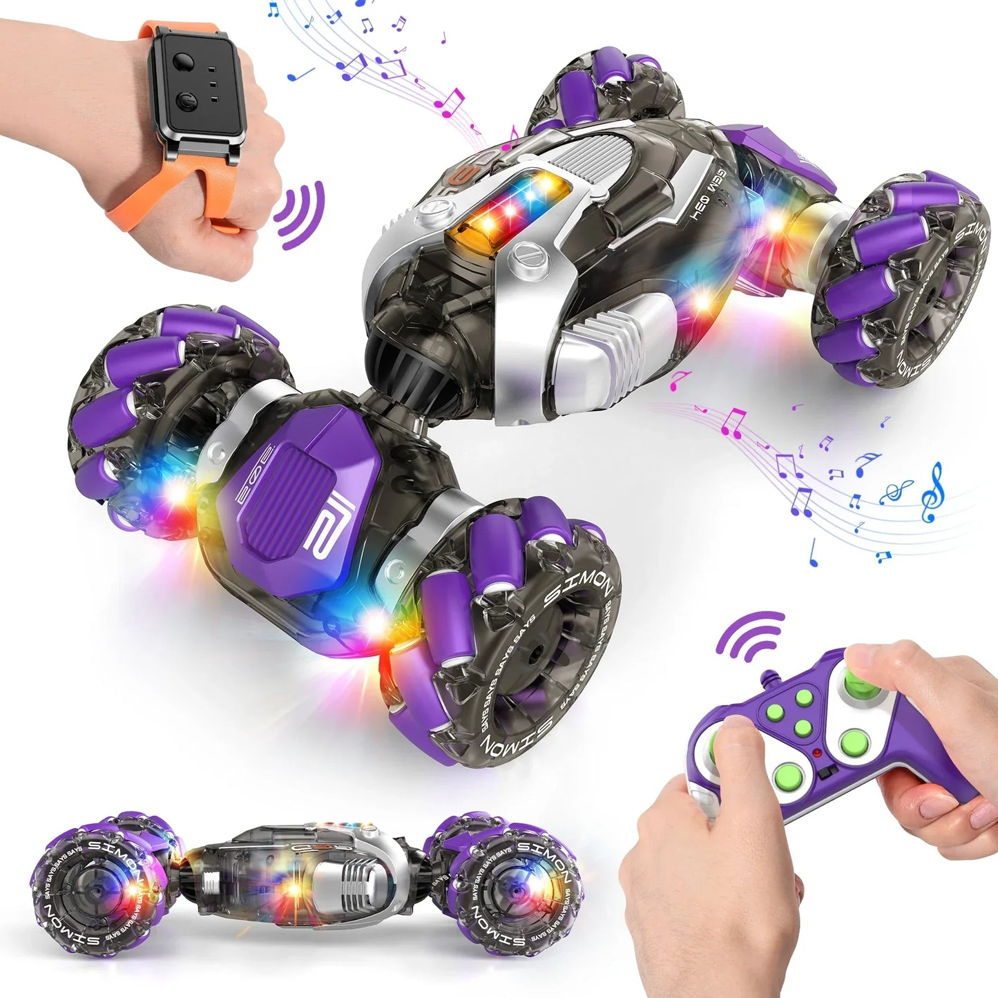 Purple and silver 4wd rc car with glowing led lights music gesture sensing and high speed drift features for kids 6-12y