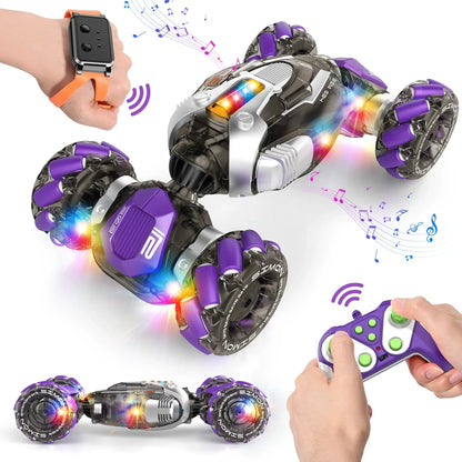 Purple and silver 4wd rc car with glowing led lights music gesture sensing and high speed drift features for kids 6-12y