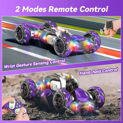 Purple and silver 4wd rc car with glowing led lights music gesture sensing and high speed drift for kids 6-12y