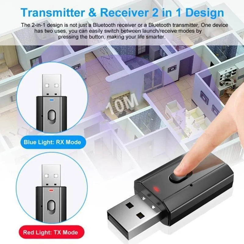 Black 5.0 bluetooth transmitter receiver with sleek compact design and integrated button for mode switching aux adapter usb wireless