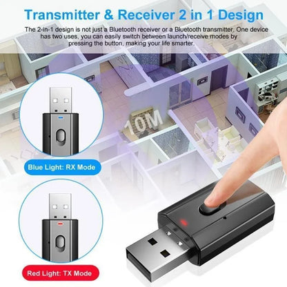 Black adapter usb wireless 5.0 bluetooth transmitter receiver with compact design and integrated mode switch button