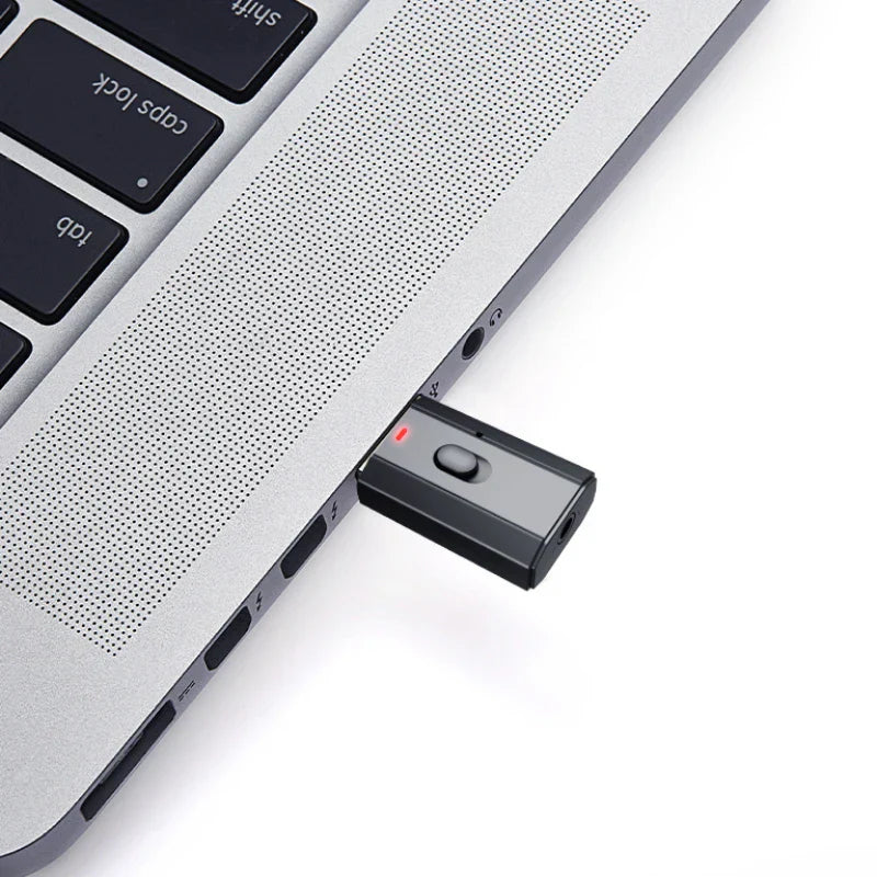 Black adapter usb wireless with red indicator light and central button for bluetooth transmitter receiver aux adapter usb