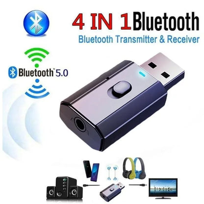 Black and silver 4-in-1 adapter usb wireless bluetooth transmitter receiver with usb connector and illuminated power button
