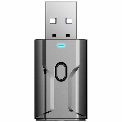 Silver adapter usb wireless bluetooth transmitter receiver with sleek design and glowing blue indicator light for pc tv car use
