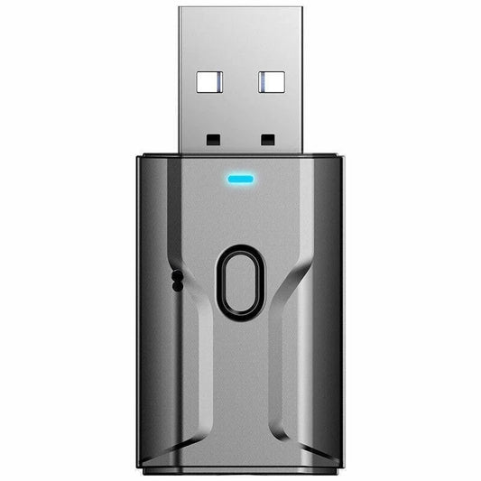 Silver adapter usb wireless bluetooth transmitter receiver with sleek design and glowing blue indicator light for pc tv car use