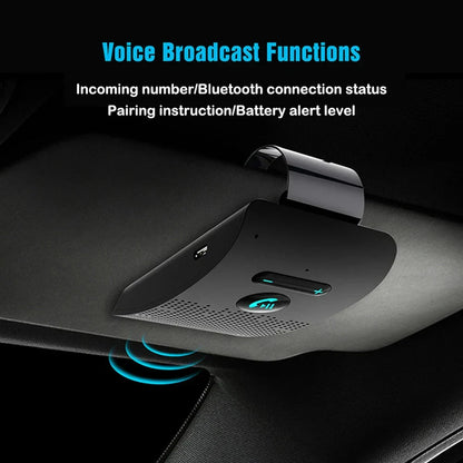 Black handsfree car kit with blue led indicators wireless audio receiver and noise cancelling music player design
