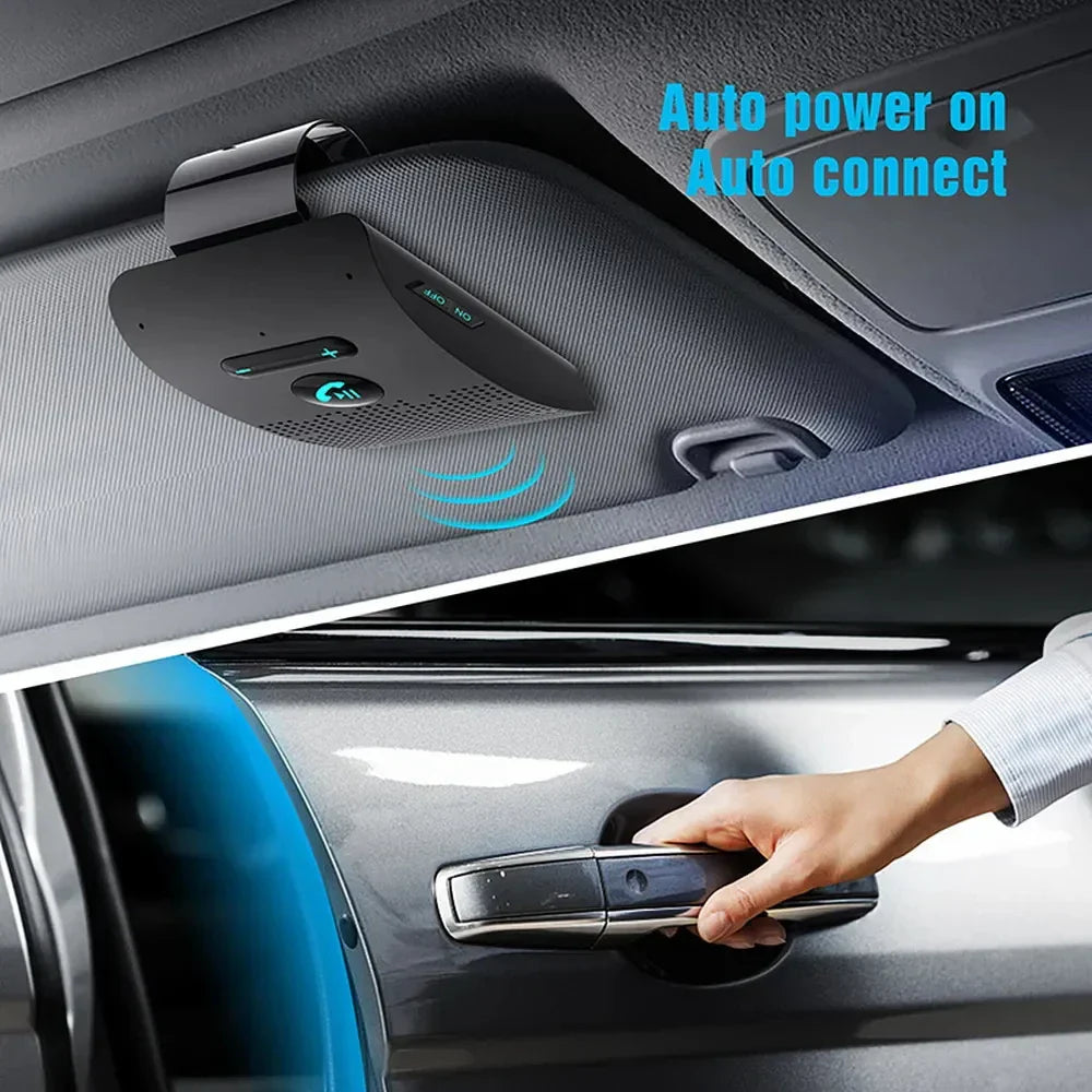 Black plastic handsfree car kit with auto power on wireless audio receiver and music player noise cancelling features