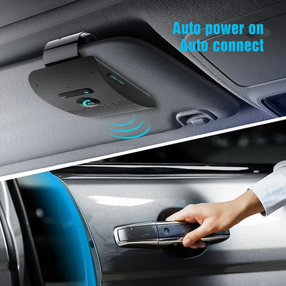 Black plastic handsfree car kit with auto power on wireless audio receiver and music player noise cancelling features
