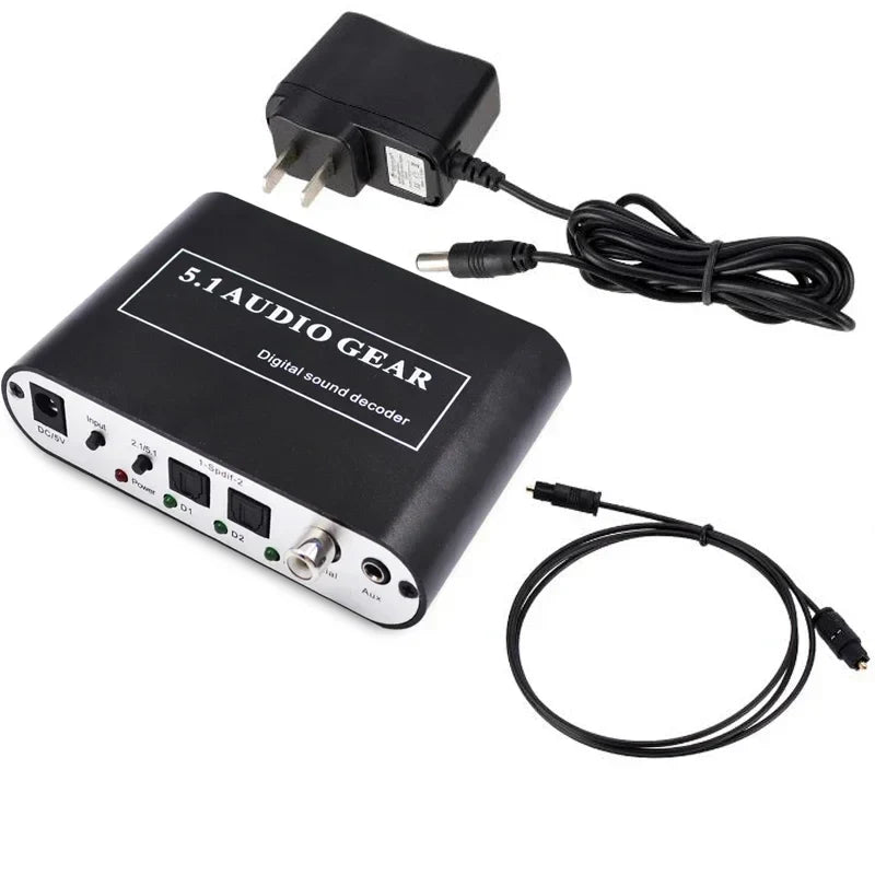 Black 5.1 audio decoder digital sound dts ac3 pcm with aux coaxial ports for multi-channel output shown from the back side