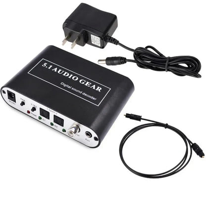 Black 5.1 audio decoder digital sound dts ac3 pcm with aux coaxial ports for multi-channel output shown from the back side