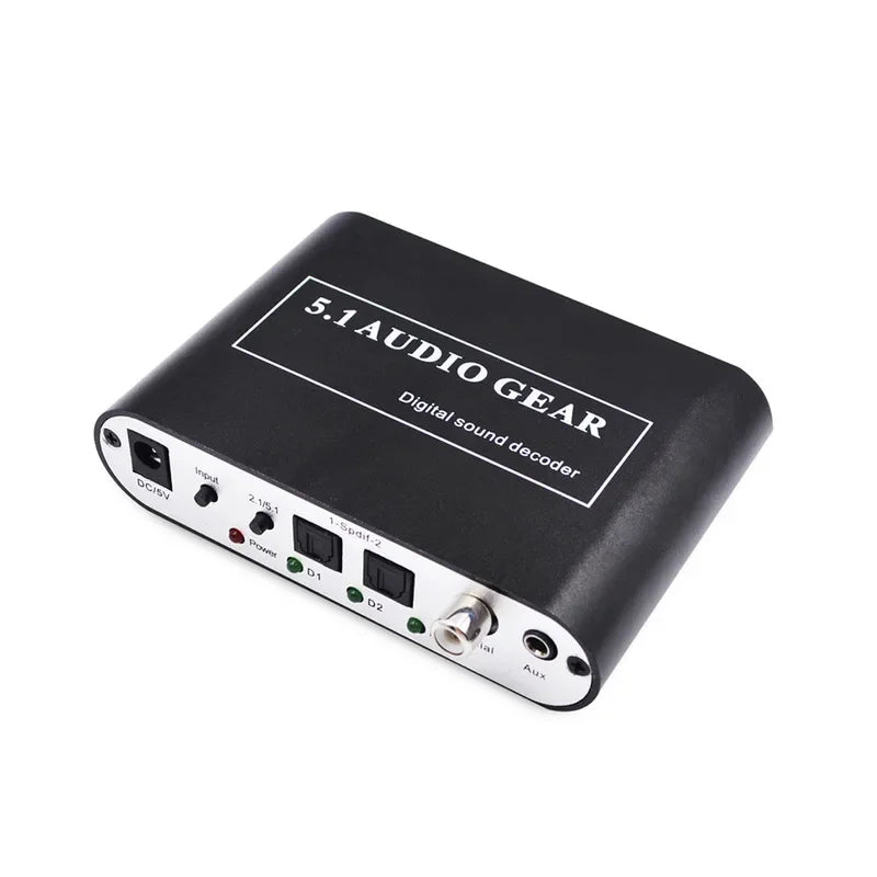 Black 5.1 digital audio decoder back panel with silver accents featuring aux coaxial and dolby pro logic labeled ports